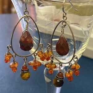 Vintage Sterling Silver Amber & Tigers Eye Boho Earrings